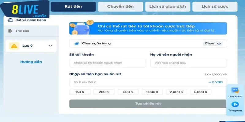 Hướng dẫn rút tiền 8live dễ hiểu